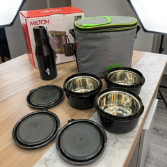 MILTON ARISTA TIFFIN SET WITH 3 CONTAINERS & 475ML STAINLESS STEEL BOTTLE