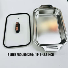 Ovenproof Stainless Steel Serving Dish with Temper Glass Lid Roaster Pan Stainless Steel Rectangular Fish Baking Tray Cake Casserole Pan Deep Dish Serving Platter for Cooking Turkey Beef Vegetable, Oven Dishwasher Safe