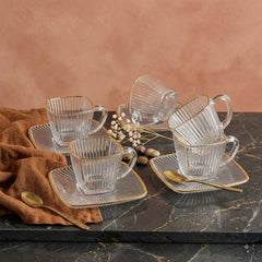 Aesthetic Striped Clear Glass Tea Serving Cup Set with Matching Saucers – Perfectly Designed for Elegant Home & Guest Serving ☕🌿