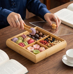Square Shape Imported Household Bamboo Wooden Dry Fruit, Candy, Fruit &amp; Snack Serving Bowl Set with Acrylic Lid 🍬🍢🍙