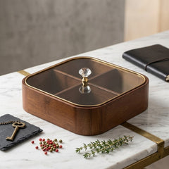 Luxury Square Shape Imported Household Wooden Date, Dry Fruit, Candy, Fruit &amp; Snack Serving Bowl Set with Glass Lid 🍬🥮🍇