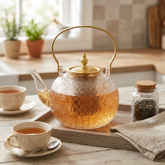Embossed Borosilicate Glass Tea Kettle – Heat Resistant &amp; Fire Proof with Stainless Steel Infuser 🔥☀️