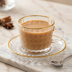 Unique Design Premium 6pcs Glass Tea Cup Set with Golden Rim &amp; Saucer ☕🍊