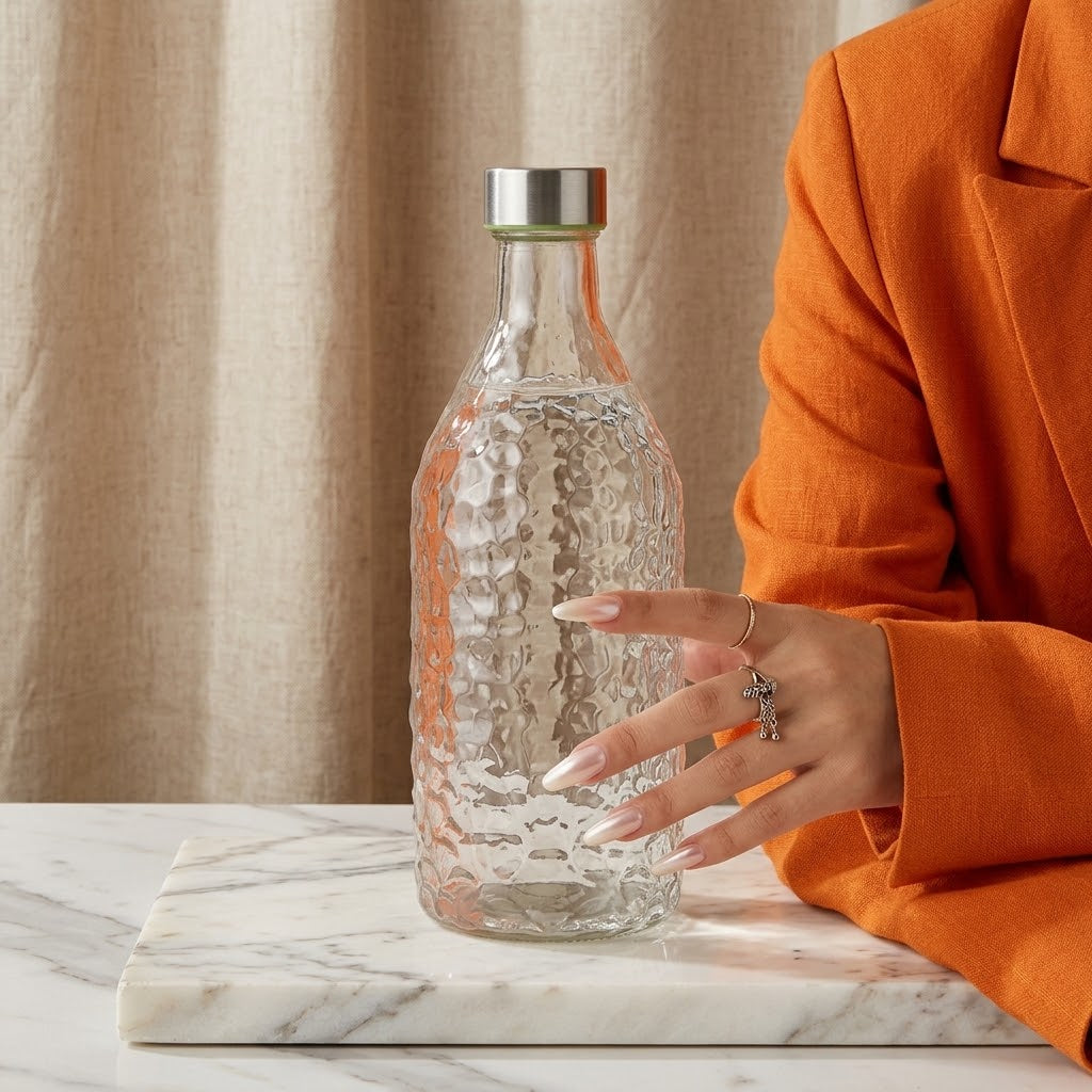 Premium Hammer Pattern Glass Bottle – 1000ml ✨🍋
