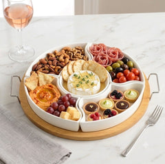 Luxury Imported Detachable Ceramic Snack &amp; Bhorta Serving Bowl Set with Wooden Tray – Elegant 6pcs Tableware Collection for Dry Fruits, Candy, Pickles &amp; Appetizers 🍥🍒🥯