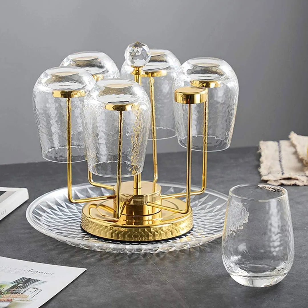 360 Degree Rotating Mug Holder Stainless Steel 6 Hooks Cup Drying Rack Kitchen Drinkware Organizer, Gold