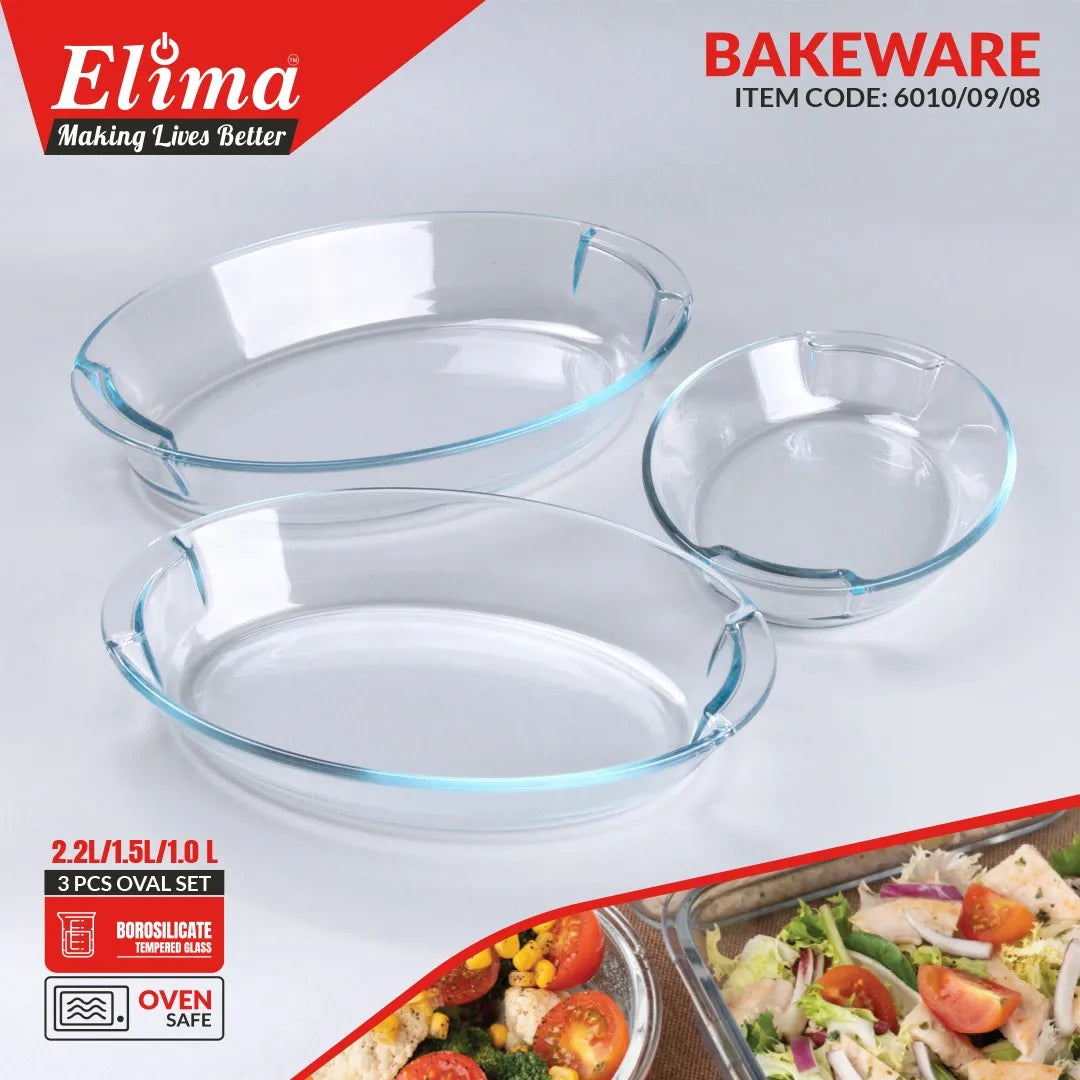 Oval shape Glass Serving Dish Oven Proof Tempered – Transparent 3 Pcs Set (1,1.5,2 ltrs)