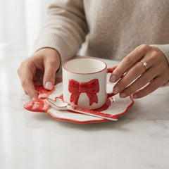 Cute 3D Bow Ceramic Cup &amp; Saucer Set with Spoon ☕🎀💗