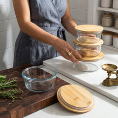 Round Shape Borosilicate Glass Food Storage Bowl Set with Natural Bamboo Wooden Lid ✨🍱