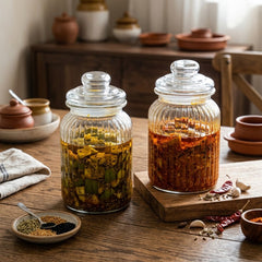 STRIPED GLASS STORAGE JAR WITH AIRTIGHT GLASS LID