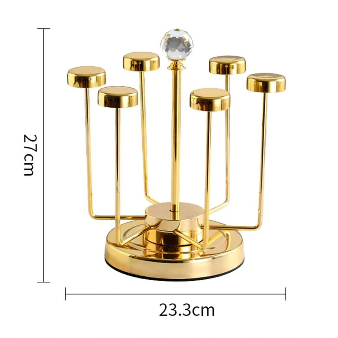 360 Degree Rotating Mug Holder Stainless Steel 6 Hooks Cup Drying Rack Kitchen Drinkware Organizer, Gold