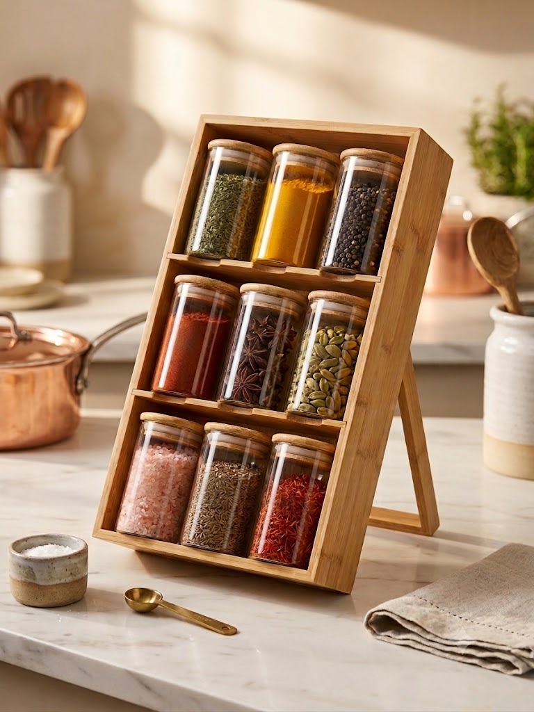 3-Tier Tilted Bamboo Spice Rack Organizer with Glass Jars 🌱🍃