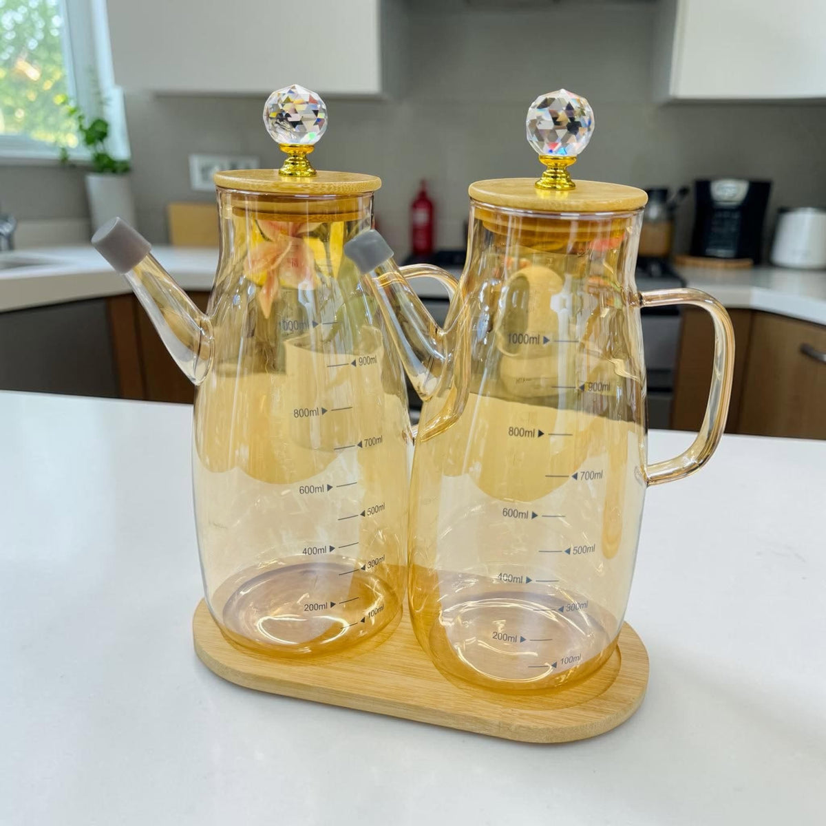 Oil jar set with Tray  Crystal knob Bamboo lid 600ml/1000ml