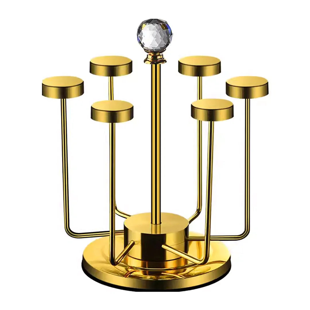 360 Degree Rotating Mug Holder Stainless Steel 6 Hooks Cup Drying Rack Kitchen Drinkware Organizer, Gold