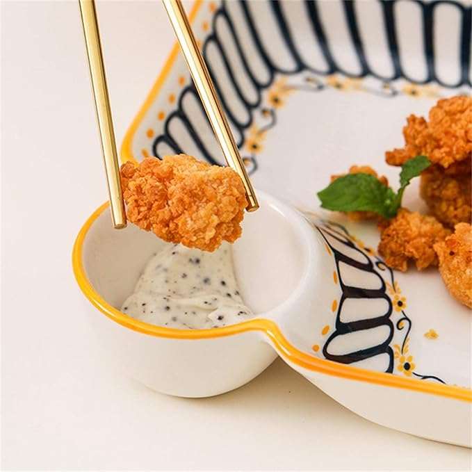 Ceramic Dumpling Plate with Dipping Saucer, Japanese Style Sushi Dish, Serving Plate Chips and Snack Plate, 7.4 Inch