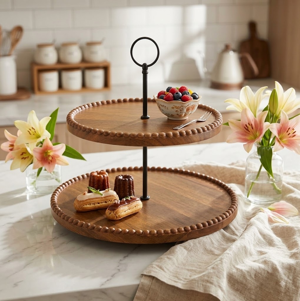 Imported Premium Dark Wooden 2-Tier Standing Serving Tray – Make Every Party & Family Gathering More Beautiful! 🍓 🥰