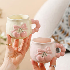 Cute 3D Cherry &amp; Bow Ceramic Mug ☕🍒🎀