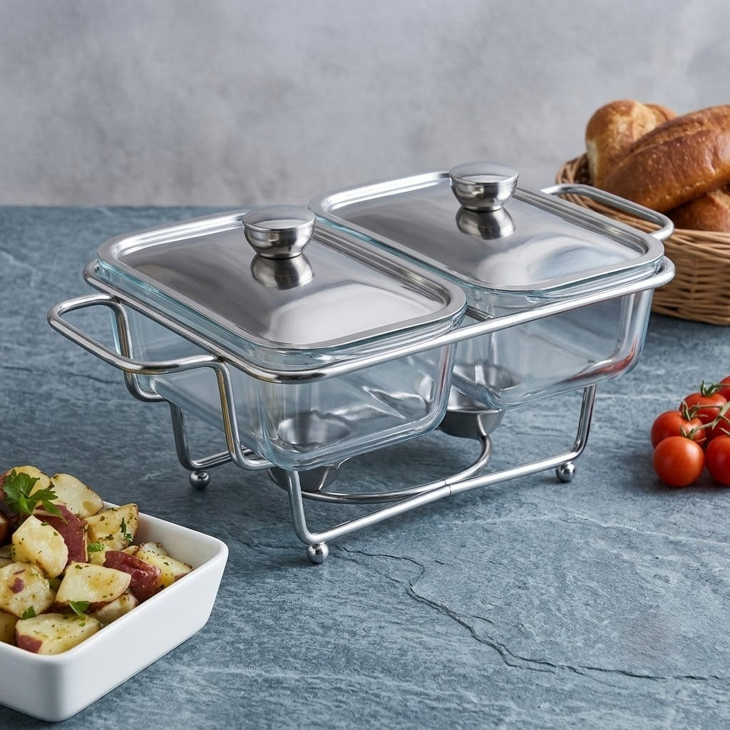 Premium 2-Piece Glass Chafing Buffet Dish Set – Perfect for Elegant Dining &amp; Serving! 🍽️🔥