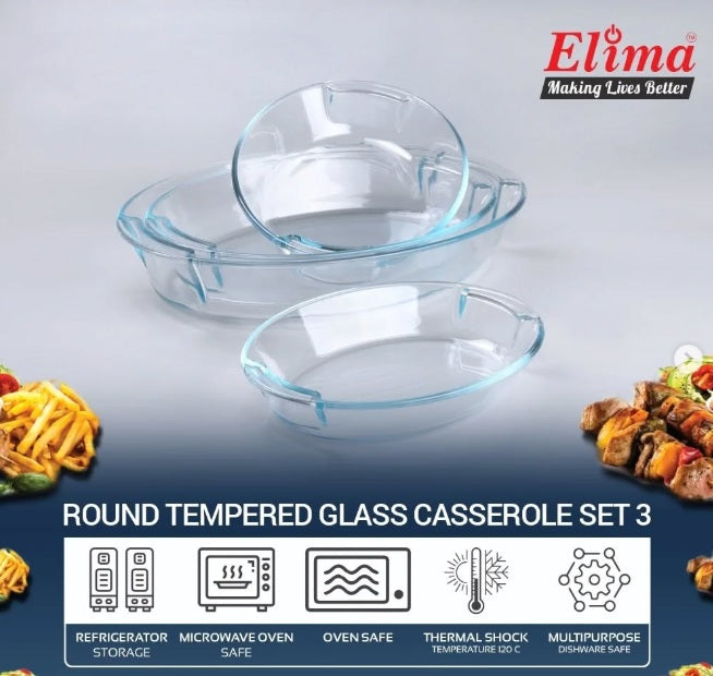 Oval shape Glass Serving Dish Oven Proof Tempered – Transparent 3 Pcs Set (1,1.5,2 ltrs)