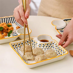 Ceramic Dumpling Plate with Dipping Saucer, Japanese Style Sushi Dish, Serving Plate Chips and Snack Plate, 7.4 Inch