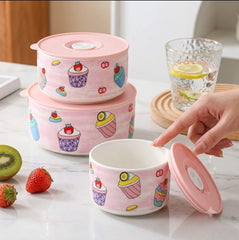 Premium Ceramic Deep Bowl Set with Plastic Lid – 3pcs 🍣🍥🌸
