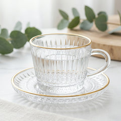 Premium 6pcs Clear Glass Tea Cup Set with Golden Rim &amp; Saucer ☕🍑