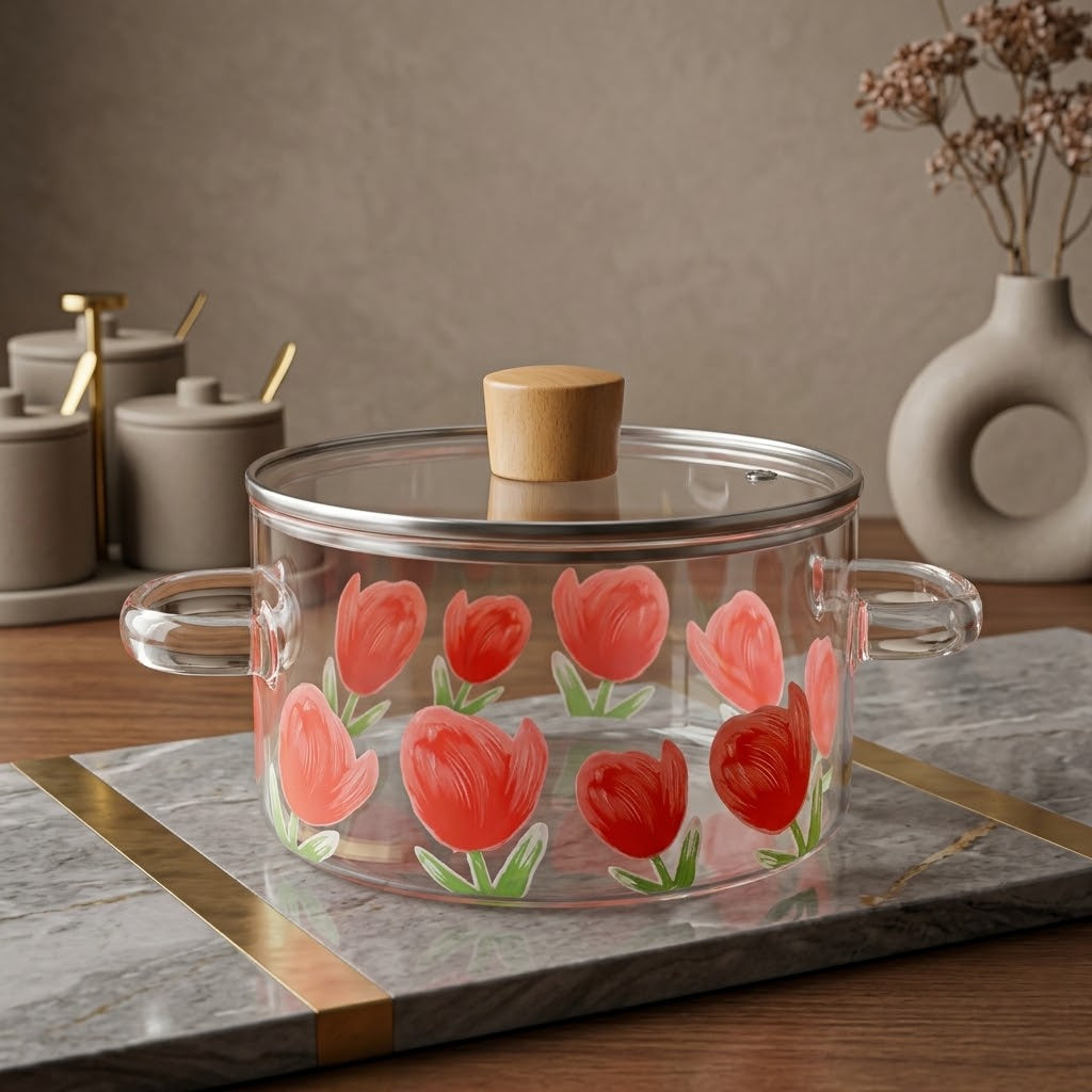 Lotus Print Borosilicate Glass Casserole Pot 🍥✨
