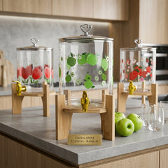 Premium Printed Glass Juice Dispenser with Elegant Wooden/Bamboo Stand – Perfect for Stylish Home &amp; Party Serving! 🌿🥤