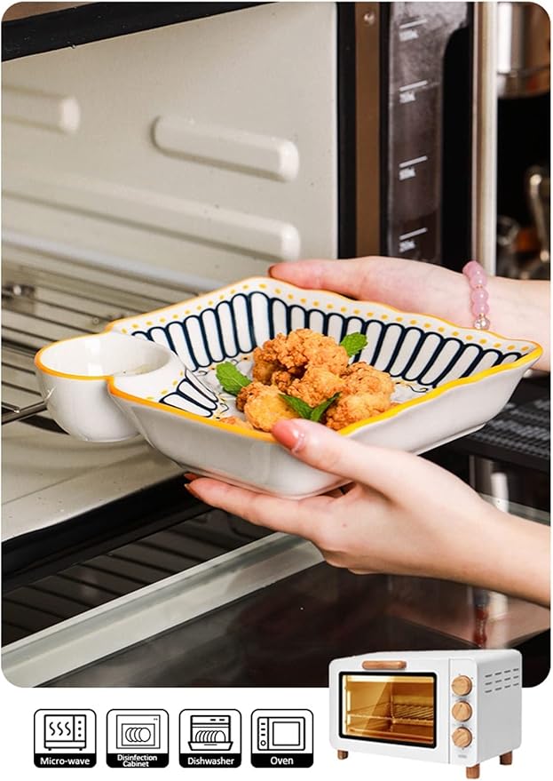 Ceramic Dumpling Plate with Dipping Saucer, Japanese Style Sushi Dish, Serving Plate Chips and Snack Plate, 7.4 Inch