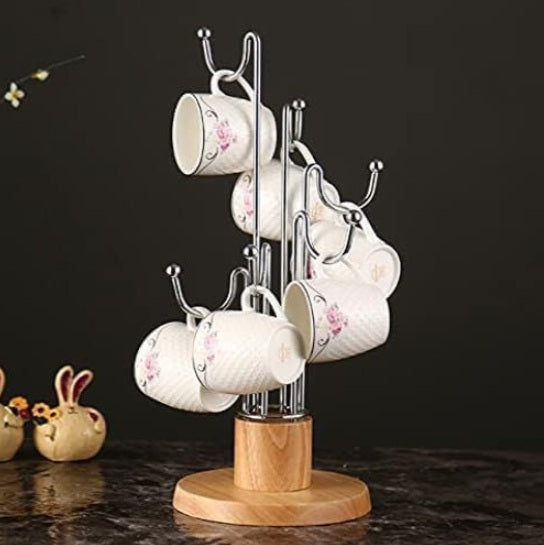 SS AND Wooden Coffee Mug Holder Tea Cup Stand