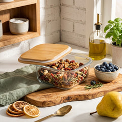 Square Shape Borosilicate Glass Bowl Set with Bamboo Wooden Lid – Premium Storage Meets Elegant Kitchen Style! 🌿✨