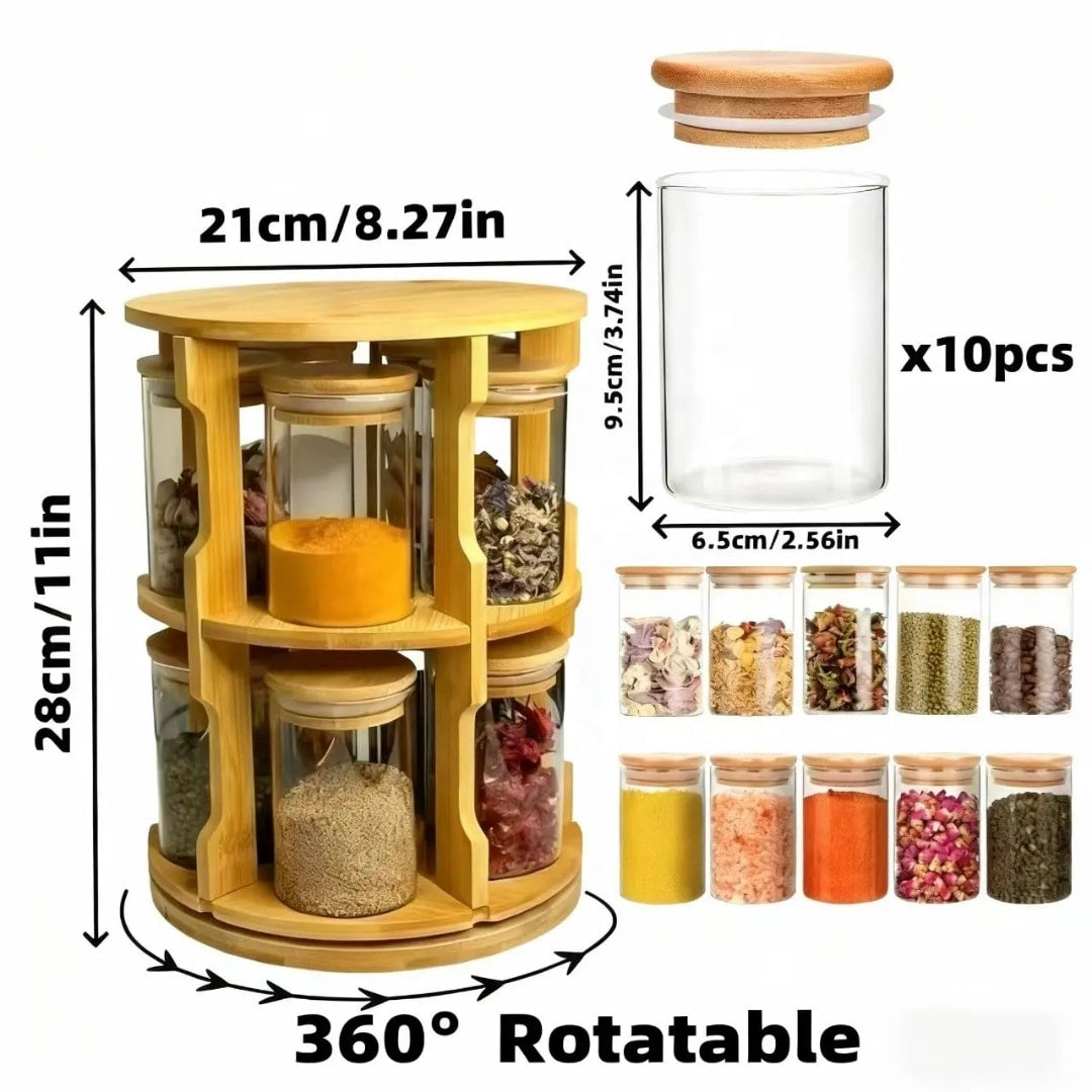360 Rotatable 10pc Glass jar set with Stand