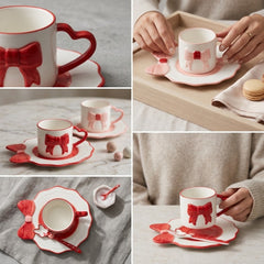 Cute 3D Bow Ceramic Cup &amp; Saucer Set with Spoon ☕🎀💗
