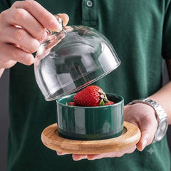 Mini Snack, Candy & Pastry Ceramic Bowl with Bamboo Holder & Glass Dome🧁🍡