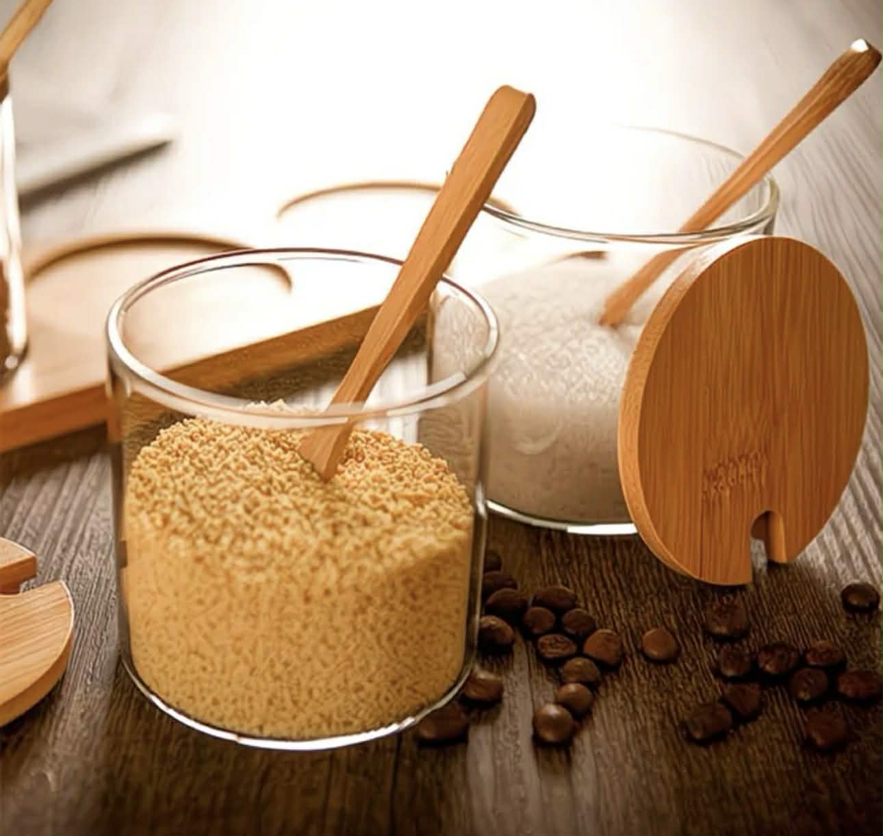 3pcs Fashion Condiment Jar Set, Storage Food, Decorative Storage Seasoning Glass Container Box, High Borosilicate Glass Jar with Bamboo Spoon Lid and Base for Home Kitchen