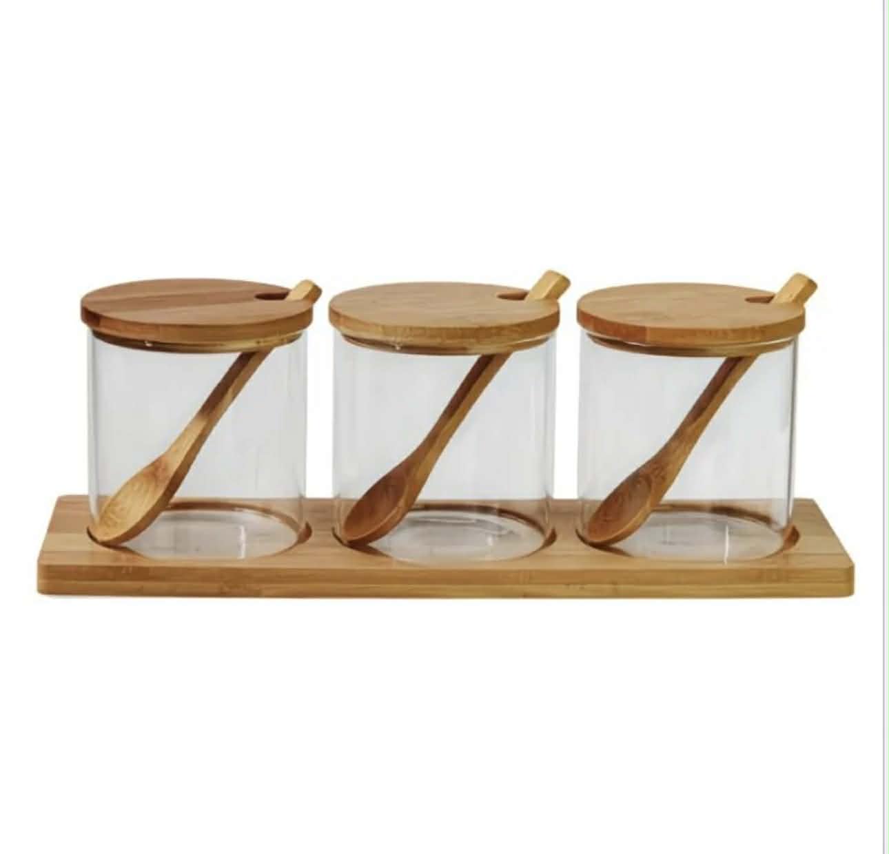 3pcs Fashion Condiment Jar Set, Storage Food, Decorative Storage Seasoning Glass Container Box, High Borosilicate Glass Jar with Bamboo Spoon Lid and Base for Home Kitchen