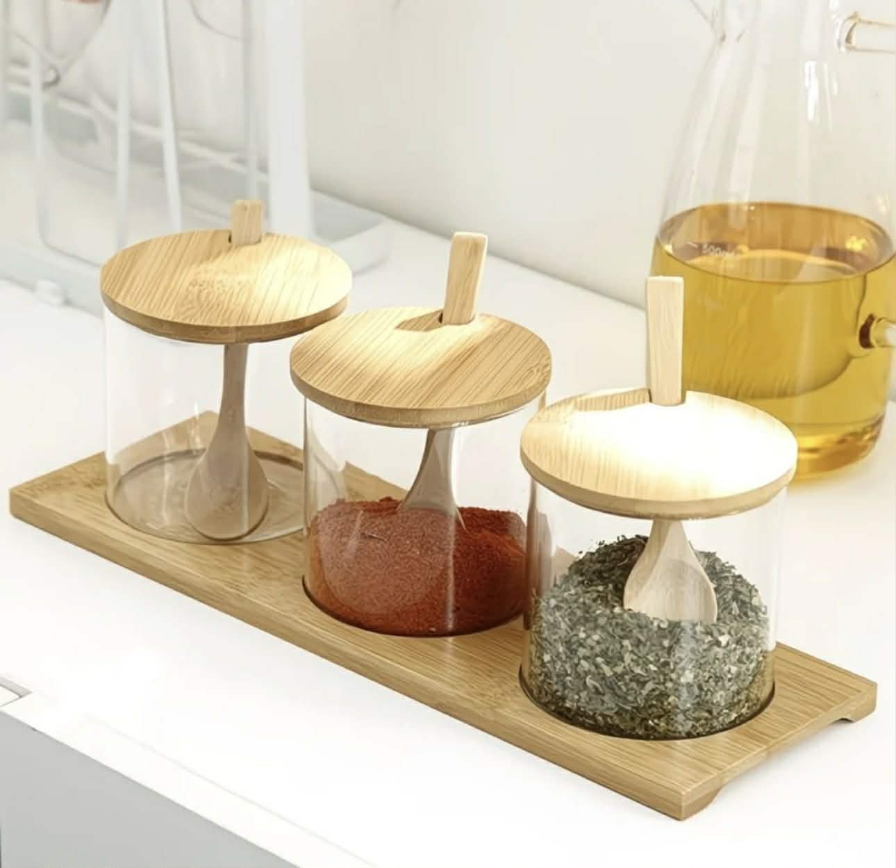 3pcs Fashion Condiment Jar Set, Storage Food, Decorative Storage Seasoning Glass Container Box, High Borosilicate Glass Jar with Bamboo Spoon Lid and Base for Home Kitchen