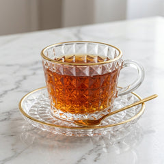Unique Design Premium 6pcs Glass Tea Cup Set with Golden Rim &amp; Saucer ☕🍊