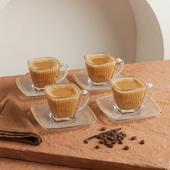 Aesthetic Striped Clear Glass Tea Serving Cup Set with Matching Saucers – Perfectly Designed for Elegant Home & Guest Serving ☕🌿