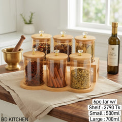 Premium Tempered Glass Spice Jar Set – Bamboo Wooden Lid &amp; Holder Stand 🫘🌶️ ✨