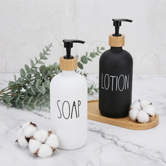 Premium Imported 2pc Glass Liquid Soap &amp; Lotion Dispenser Set with Elegant Wooden Holder – Perfect for Stylish Bathroom Sink Organization 🧴🫧