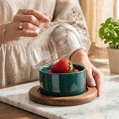 Mini Snack, Candy & Pastry Ceramic Bowl with Bamboo Holder & Glass Dome🧁🍡