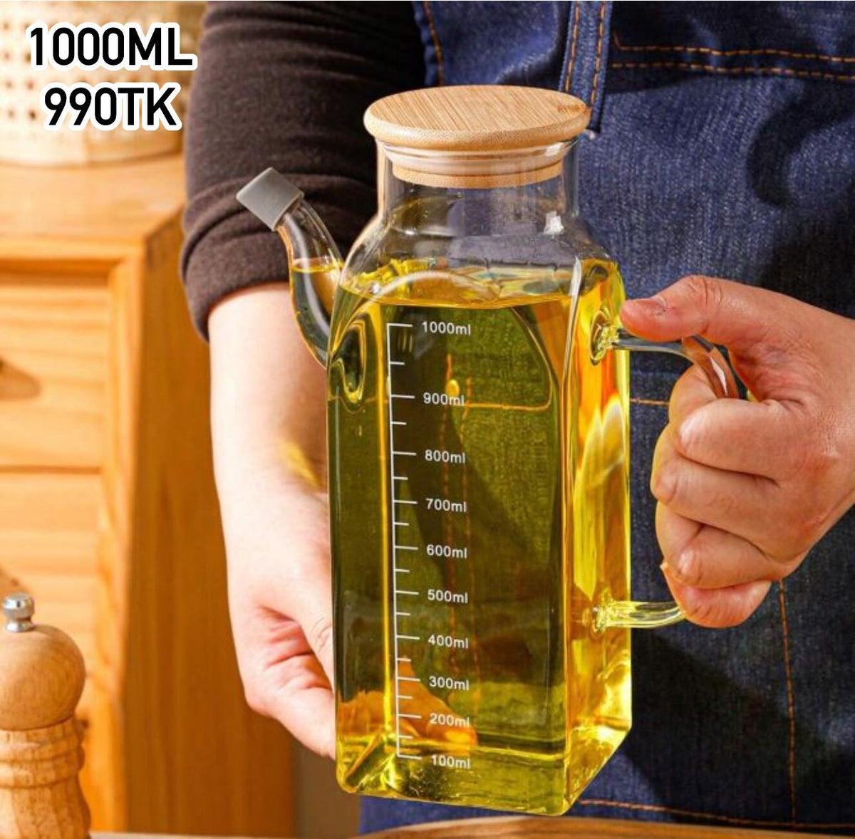 1000ML Premium Glass Oil Jar with Natural Wooden Lid🌿