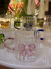 Ribbed Bow Glass Cup Set – Cute & Elegant Mini Mug 💗🎀💜