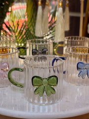 Ribbed Bow Glass Cup Set – Cute & Elegant Mini Mug 💗🎀💜