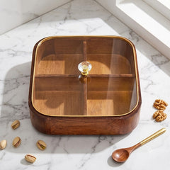 Luxury Square Shape Imported Household Wooden Date, Dry Fruit, Candy, Fruit &amp; Snack Serving Bowl Set with Glass Lid 🍬🥮🍇