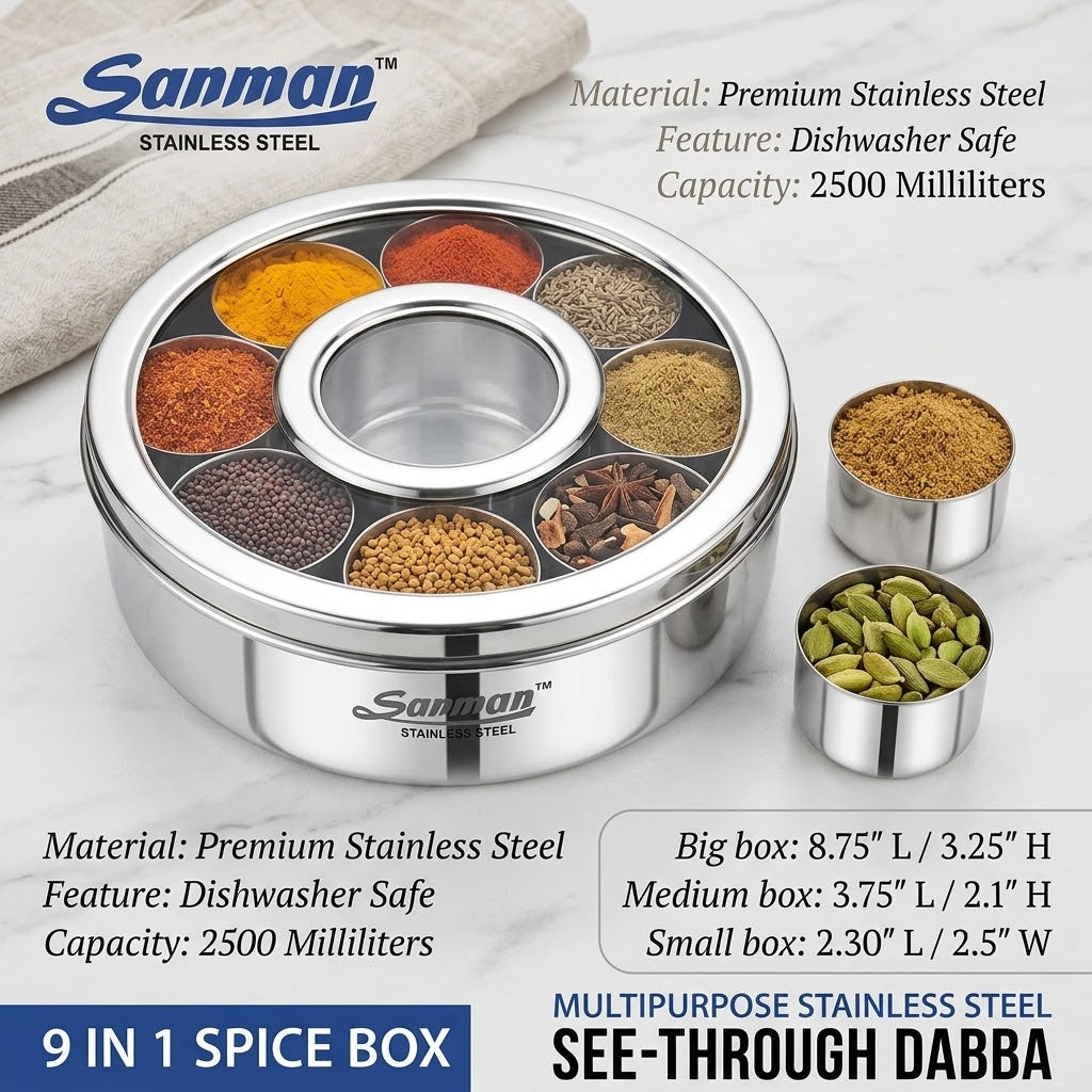 Premium Indian Stainless Steel Masala Jar Set – 9 Pcs 🌶️🧂