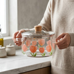 Lotus Print Borosilicate Glass Casserole Pot 🍥✨