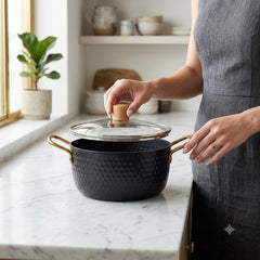 Black Stainless Steel Imported Household Kitchenware Cooking & Serving Deep Ramen Pot with Glass Lid 🍙🍜🍤