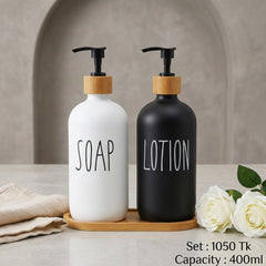 Premium Imported 2pc Glass Liquid Soap &amp; Lotion Dispenser Set with Elegant Wooden Holder – Perfect for Stylish Bathroom Sink Organization 🧴🫧